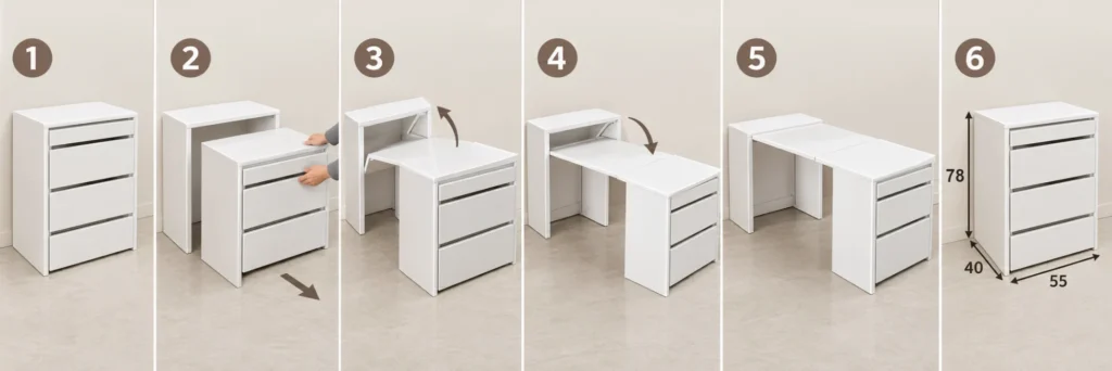أبعاد المكتب القابل للطي مطوي: 55 عرض × 40 عمق × 78 علو CM