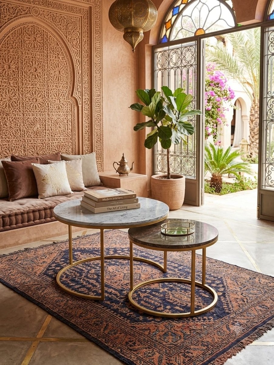 طقم طاولات قهوة رخامية بأرجل ذهبية (قطعتان) - Image 4